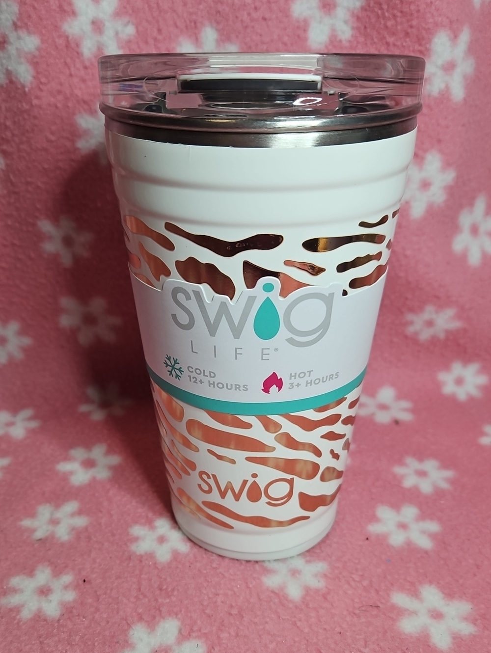 Swig Life White Tumbler with Rose Gold Pattern - Insulated Hot & Cold
